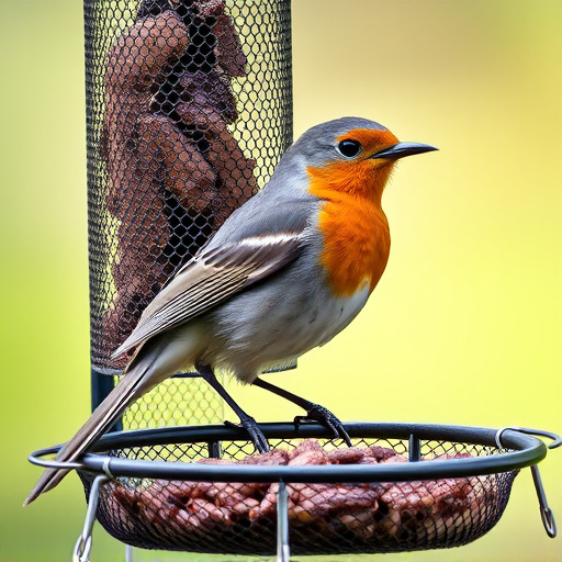 Robin perched beside mesh mealworm feeder