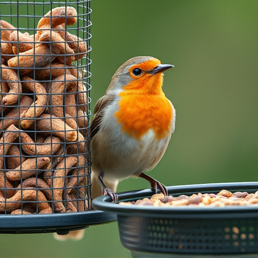 Robin perched beside mesh mealworm feeder