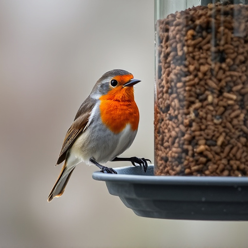 Robin perched beside suet-filled feeder