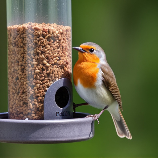Robin perched beside suet-filled feeder