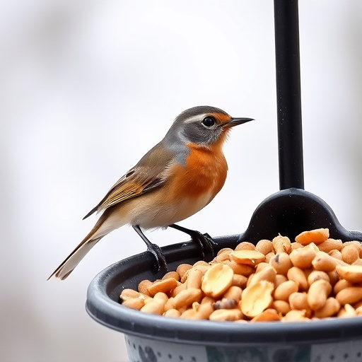 Robin perched near peanut feeder