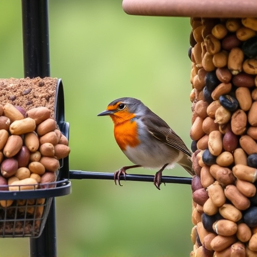 Robin perched near peanut feeder