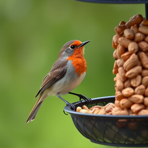 Robin perched near peanut-filled feeder