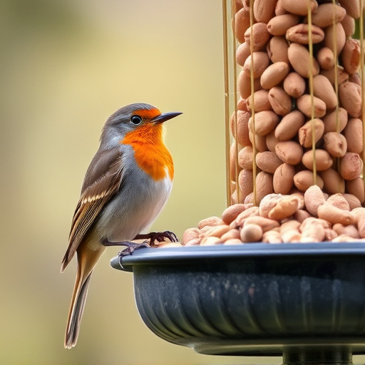 Robin perched near peanut-filled feeder