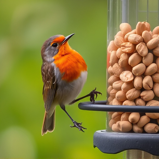 Robin perched near peanut-filled feeder