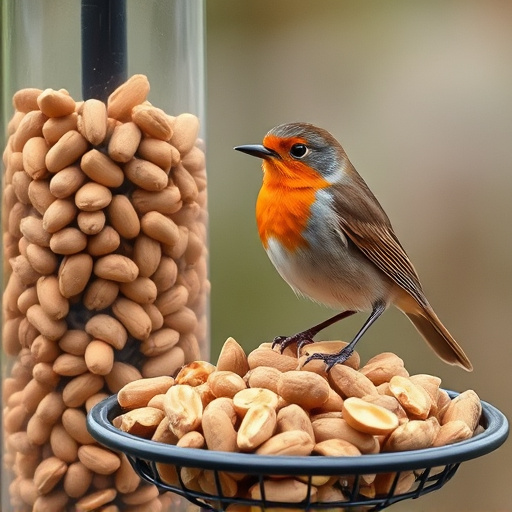 Robin perched near peanut-filled feeder