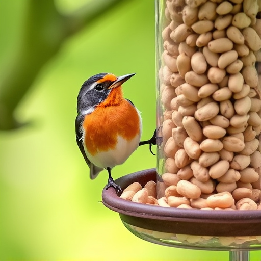 Robin perched near peanut-filled feeder