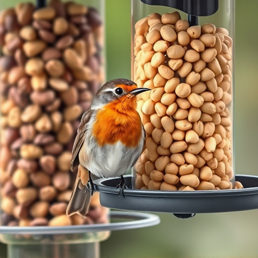 Robin perched near peanut-filled feeder
