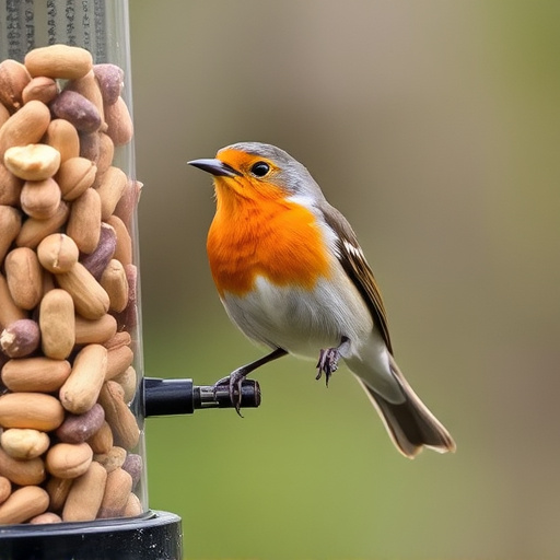 Robin perched near peanut-filled feeder