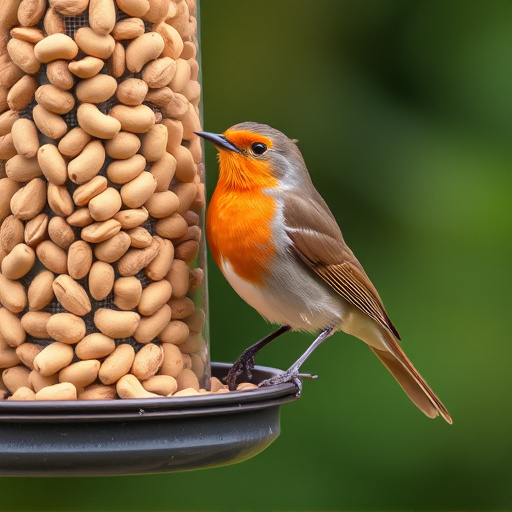 Robin perched near peanut-filled feeder