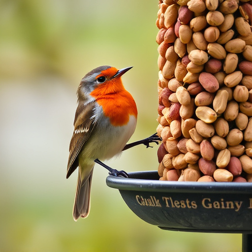 Robin perched near peanut-filled feeder