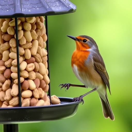 Robin perched near peanut-filled feeder