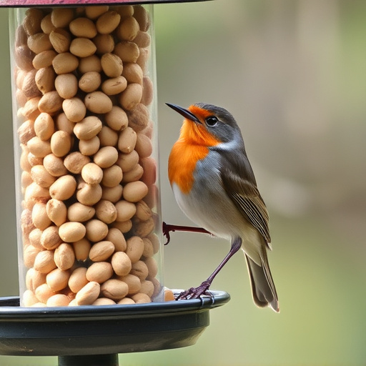 Robin perched near peanut-filled feeder