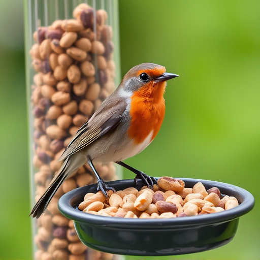 Robin perched near peanut-filled feeder