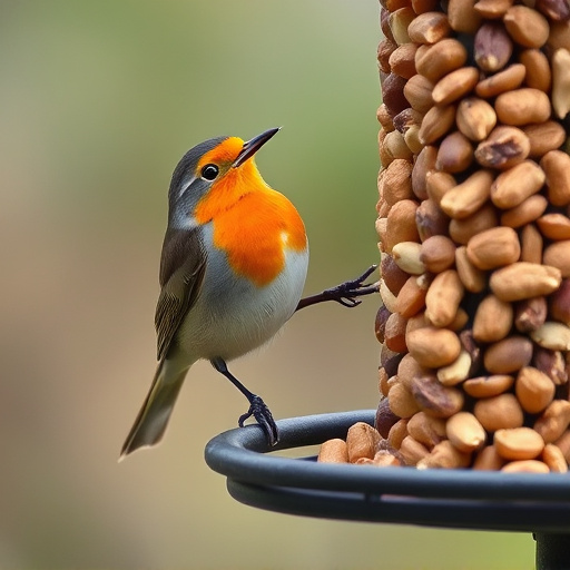 Robin perched near peanut-filled feeder