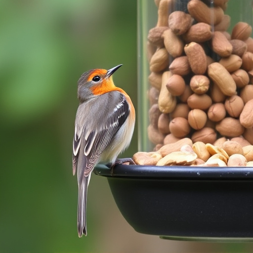 Robin perched near peanut-filled feeder