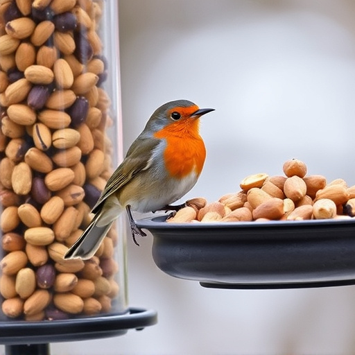 Robin perched near peanut-filled feeder