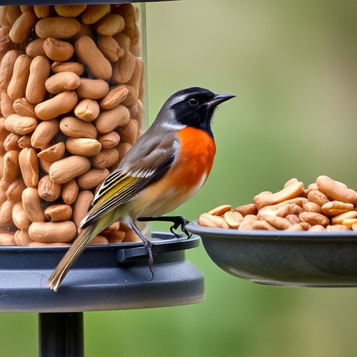 Robin perched near peanut-filled feeder