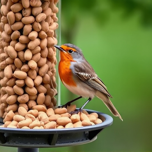 Robin perched near peanut-filled feeder