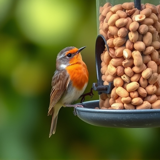 Robin perched near peanut-filled feeder