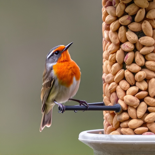 Robin perched near peanut-filled feeder