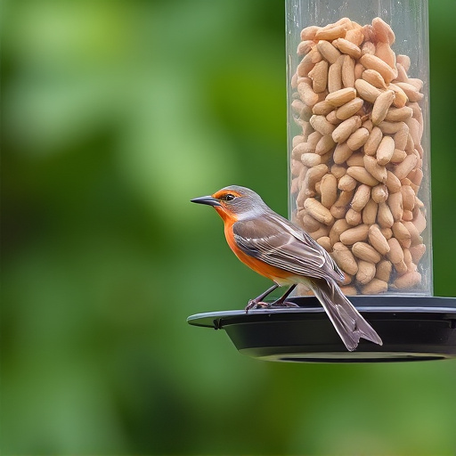Robin perched near peanut-filled feeder