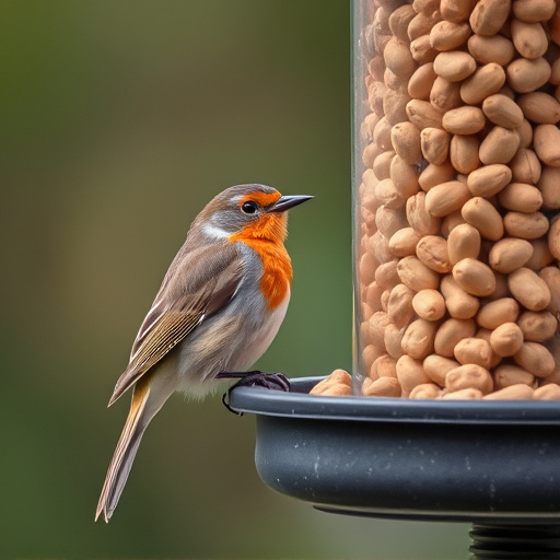 Robin perched near peanut-filled feeder