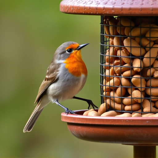 Robin perched near peanut-filled feeder