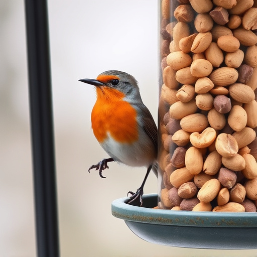 Robin perched near peanut-filled feeder