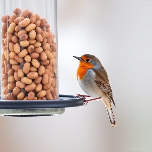 Robin perched near peanut-filled feeder