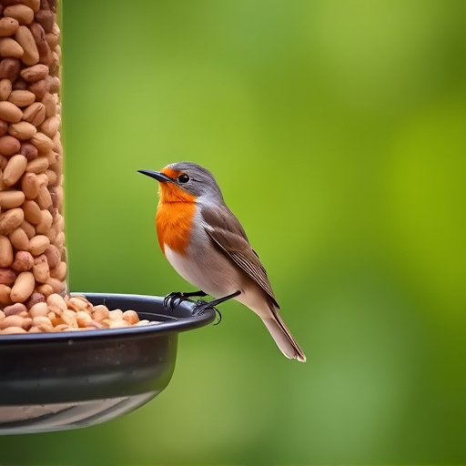 Robin perched near peanut-filled feeder