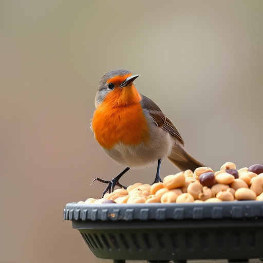Robin perched near peanut-filled feeder
