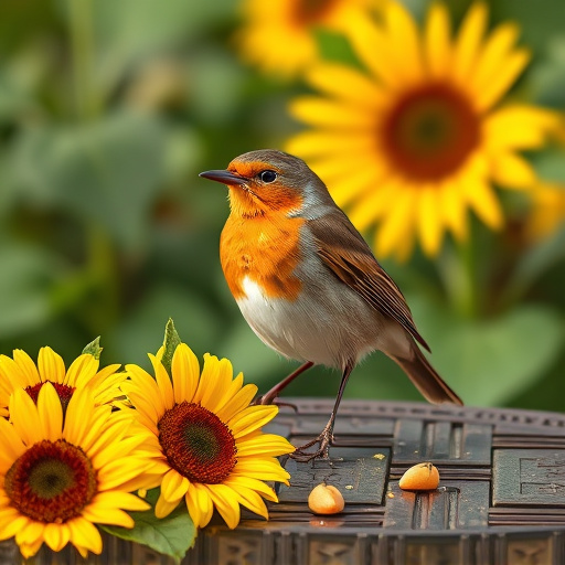 Robin perched near sunflower hearts on table