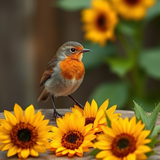 Robin perched near sunflower hearts on table
