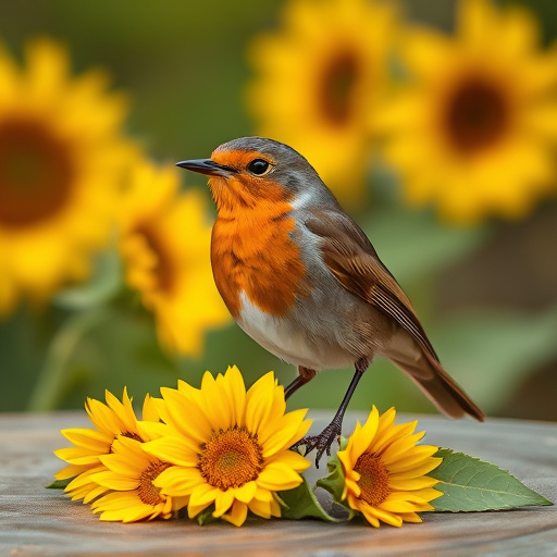 Robin perched near sunflower hearts on table