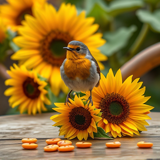 Robin perched near sunflower hearts on table