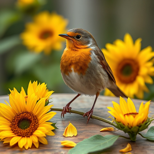Robin perched near sunflower hearts on table