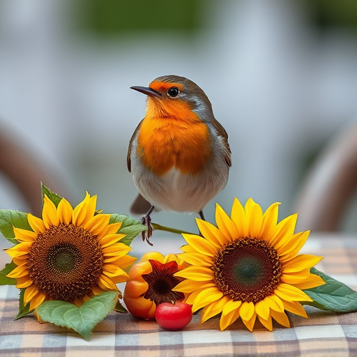 Robin perched near sunflower hearts on table