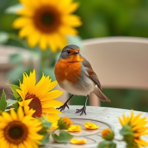Robin perched near sunflower hearts on table