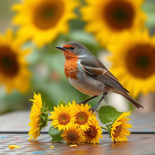 Robin perched near sunflower hearts on table