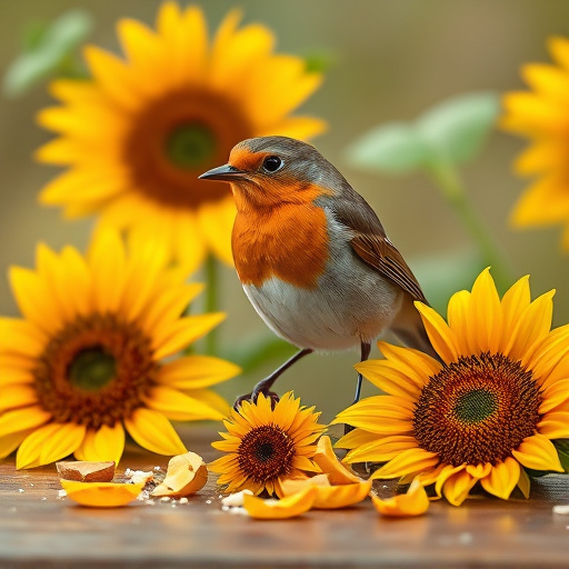 Robin perched near sunflower hearts on table