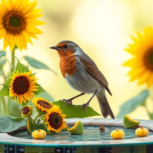 Robin perched near sunflower hearts on table