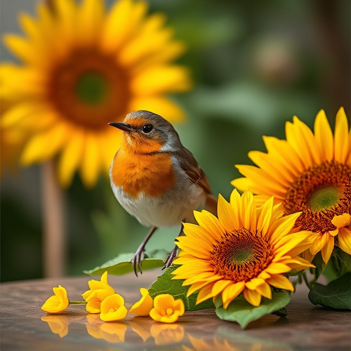 Robin perched near sunflower hearts on table