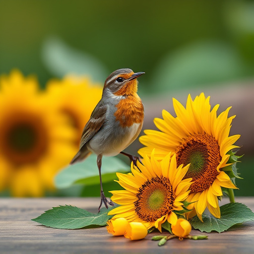 Robin perched near sunflower hearts on table