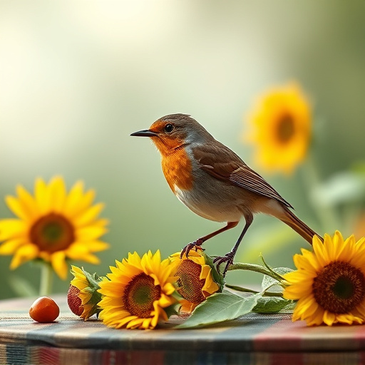 Robin perched near sunflower hearts on table