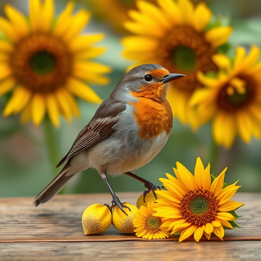 Robin perched near sunflower hearts on table