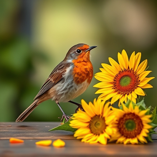 Robin perched near sunflower hearts on table