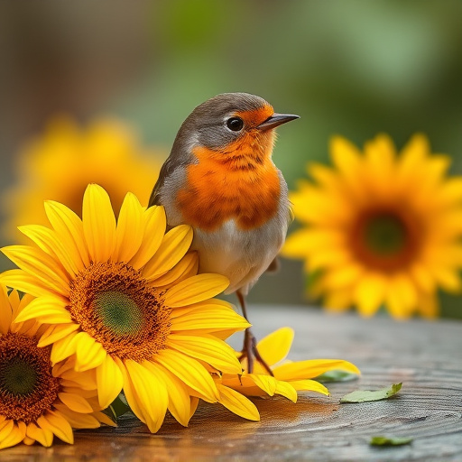 Robin perched near sunflower hearts on table