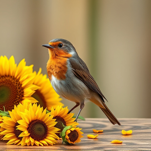 Robin perched near sunflower hearts on table
