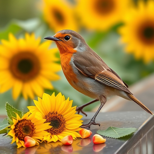Robin perched near sunflower hearts on table